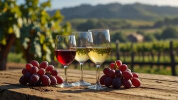 Wineglasses with fresh grapes on empty wooden table on blurred vineyard background, rural scene landscape with copy space, extra wide. photo