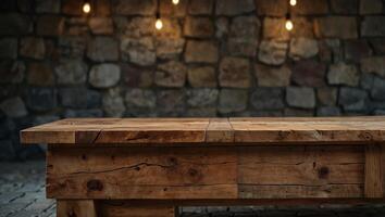Wooden table on wild stone cladding wall background, rustic lounge area interior design. photo
