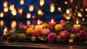 a banner background with a traditional Loy Krathong scene, complete with candlelit krathongs, candles, and fragrant flowers. photo