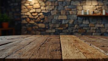 Wooden table on wild stone cladding wall background, rustic lounge area interior design. photo
