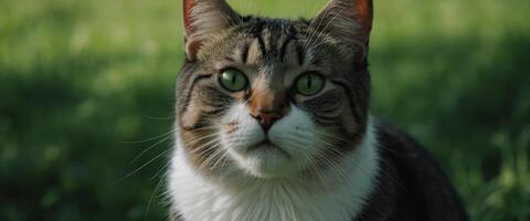 a black and white photo of a cat with its head turned to the side, looking up at something on a green background.