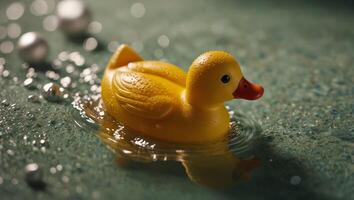 Yellow rubber duck toy floating on a bubble bath tub, top view, copy space, summer vacation, relaxation, bubble bath. photo