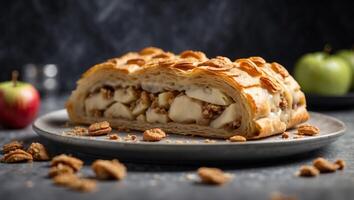 homemade flavored apple strudel in a plate on a gray concrete background with space for text. photo