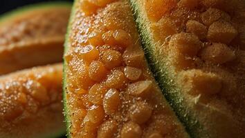 macro of a cantaloupes rind texture, melon texture background close up macro. photo