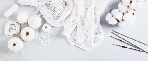 Knitting concept, balls, threads, hooks and knitting needles on a blue top view web banner photo