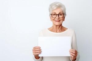 senior old woman hold blank paper on white photo