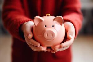 child hand hold piggy bank photo