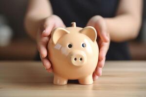 child hand hold piggy bank photo