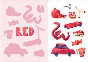 A set of isolated red elements for children to study colors. Children's book or textbook for preschoolers. Collection of isolated cartoon elements. Shadow matching educational game vector