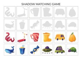 A set of isolated elements for children to study colors. Children's book or textbook for preschoolers. Collection of cartoon elements. Shadow matching educational game vector