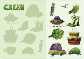 A set of isolated green elements for children to study colors. Children's book or textbook for preschoolers. Collection of isolated cartoon elements. Shadow matching educational game vector