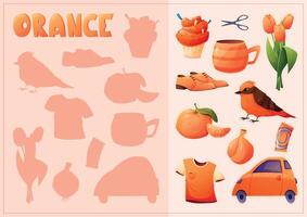 A set of isolated orange elements for children to study colors. Children's book or textbook for preschoolers. Collection of isolated cartoon elements. Shadow matching educational game vector