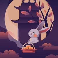 A little rabbit in the moon pulling out a basket of mooncakes, an illustration celebrating the Mid-Autumn Festival vector