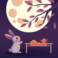 An illustration celebrating the Mid-Autumn Festival, with a little rabbit praying to the moon, and mooncakes and tea on the table vector