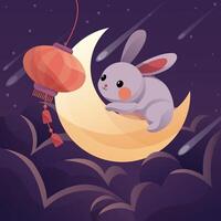 A little rabbit sitting on the moon, playing with a lantern, an illustration celebrating the Mid-Autumn Festival vector