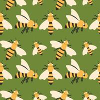 Cartoon bees seamless pattern on green background vector