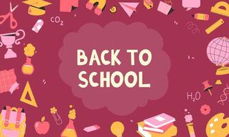 back to school banner. templates for the beginning of the school year. Books, globe, notebook, pencil, stickers vector