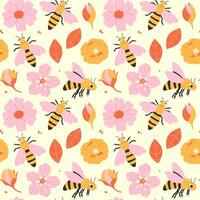 Cartoon bees with flowers seamless pattern on a light background vector