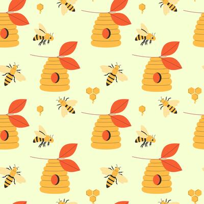 beehive and bees seamless pattern