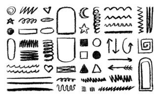 Charcoal doodles and drawings with abstract symbols, curves, waves, hearts, stars, arcs and arrows. illustration and design elements set. vector