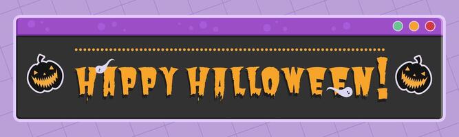 Happy Halloween computer window with holiday symbols and text greetings. Retro technology with Halloween sign and drawing. vector