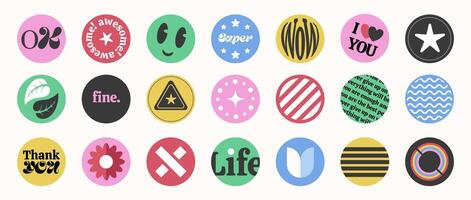 Y2K round stickers, set of graphic signs and symbols in circles, labels and badges. Different signs and short phrases collection. vector