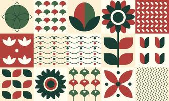 Bauhaus plants in a flat style, tiles pattern design, wallpaper with petals, leaves, geometric forms and shapes. illustration. vector