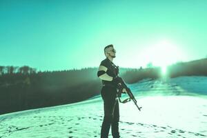 Special forces soldiers with weapon take part in military maneuver. war, army, technology and army concept photo