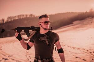 Special forces soldiers with weapon take part in military maneuver. war, army, technology and army concept photo