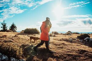 two friends are walking in nature and enjoying a beautiful sunny day. photo