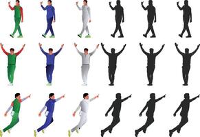 a cricket player in different poses and silhouette vector