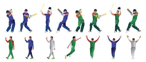 Set of batsman and baller playing cricket on the field in a colorful background illustration vector