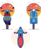 set of scooters in different views on white background illustration, front, side, upper vector