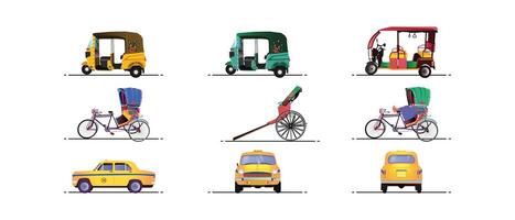 set of indian Transport like auto rickshaw, hand pulled, taxi, tuk tuk vector