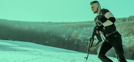 Special forces soldiers with weapon take part in military maneuver. war, army, technology and army concept photo