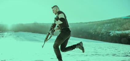 Special forces soldiers with weapon take part in military maneuver. war, army, technology and army concept photo