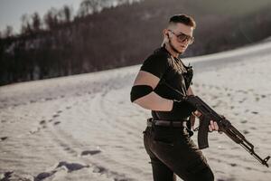 Special forces soldiers with weapon take part in military maneuver. war, army, technology and army concept photo