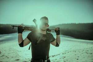 Special forces soldiers with weapon take part in military maneuver. war, army, technology and army concept photo
