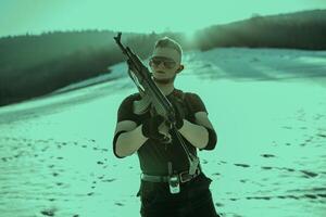 Special forces soldiers with weapon take part in military maneuver. war, army, technology and army concept photo