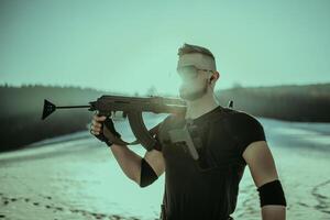 Special forces soldiers with weapon take part in military maneuver. war, army, technology and army concept photo