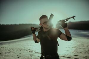 Special forces soldiers with weapon take part in military maneuver. war, army, technology and army concept photo
