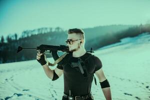 Special forces soldiers with weapon take part in military maneuver. war, army, technology and army concept photo