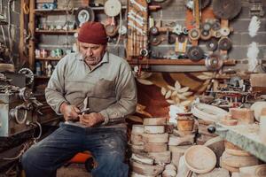 A senior man sitting in the workshop and processing wooden utensils in the old manual way photo