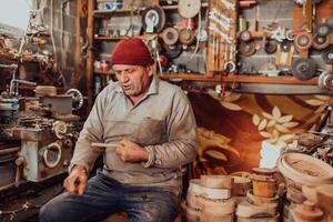 A senior man sitting in the workshop and processing wooden utensils in the old manual way photo
