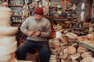 A senior man sitting in the workshop and processing wooden utensils in the old manual way photo