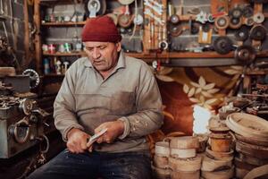A senior man sitting in the workshop and processing wooden utensils in the old manual way photo