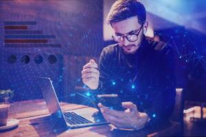 Big data management, digital technology, software development concept. Computer programmer, software engineer programming on laptop, data processing with computer code, technology background photo