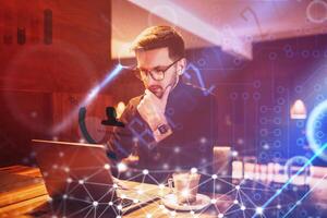 Big data management, digital technology, software development concept. Computer programmer, software engineer programming on laptop, data processing with computer code, technology background photo