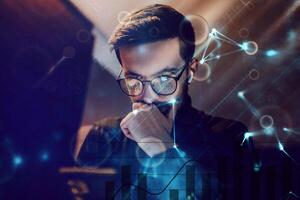 Big data management, digital technology, software development concept. Computer programmer, software engineer programming on laptop, data processing with computer code, technology background photo