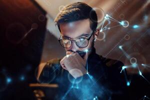 Big data management, digital technology, software development concept. Computer programmer, software engineer programming on laptop, data processing with computer code, technology background photo
